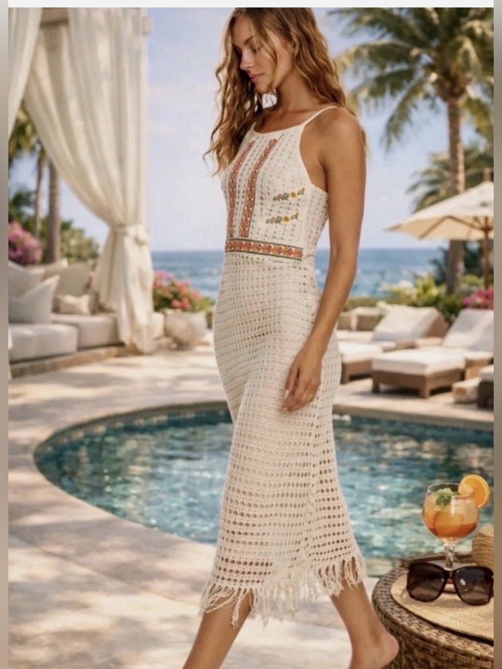 Agua Bendita Cream Crochet Midi Dress with Embroidered Waist NWT XS